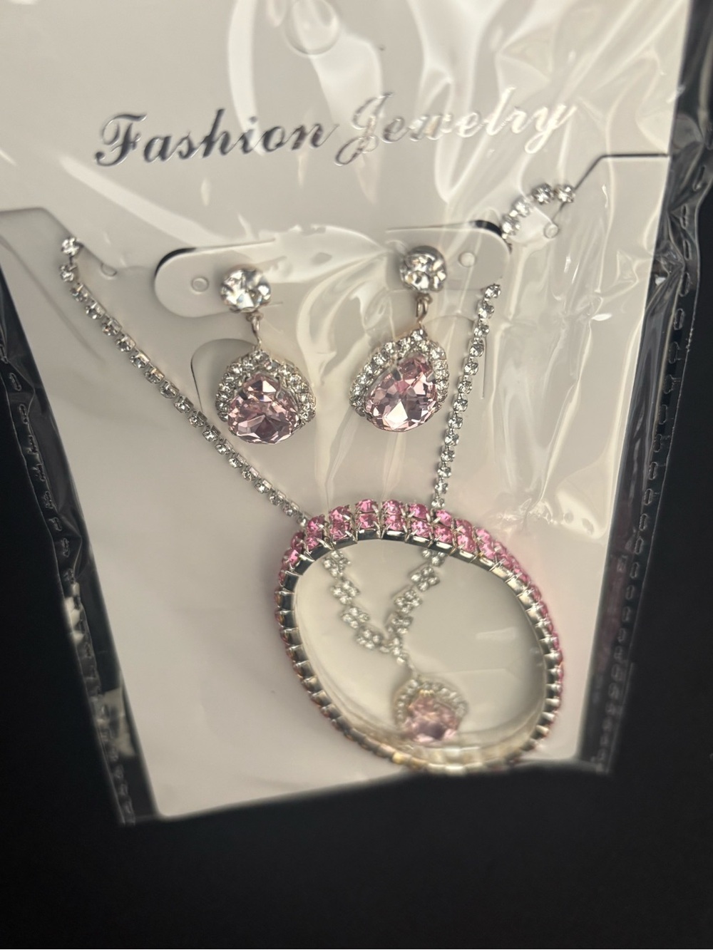 Fashion Jewelry Silver-Tone Necklace & Pink Crystal Earrings Set